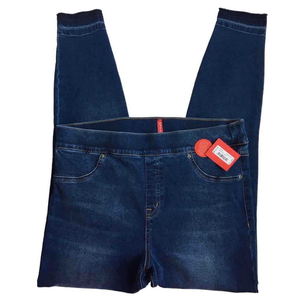 Spanx Pull Up Distressed Skinny Jeans Raw Hem Medium Wash Blue Denim Jeans Sz XL